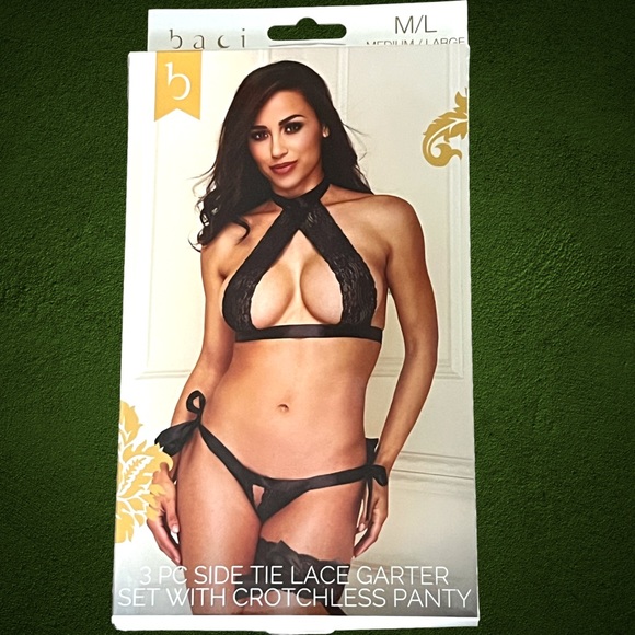 Baci Naughty 3 Piece Side Tie Lace Garter Set w/ Crotchless Panty. M/L. NWT. - Picture 2 of 3